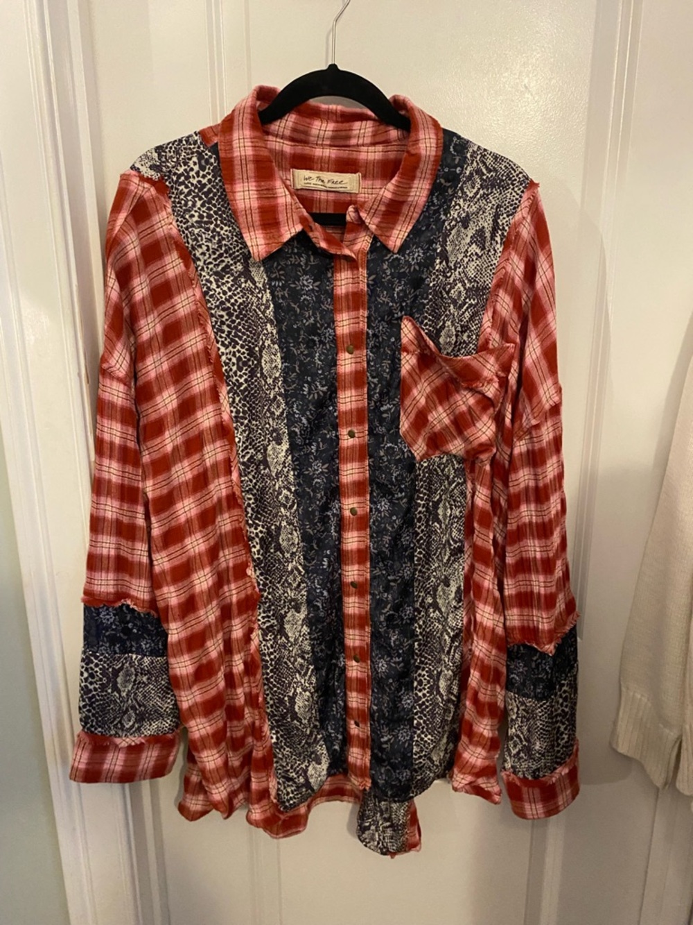 Free People Mixed-Pattern Red Plaid Button-Up Shirt